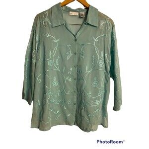 Green Sheer Embroidered Button Down Blouse Large